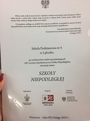 Szkoła Podstawowa nr 4 im. T. Kościuszki z tytułem laureata konkursu „Szkoła Niepodległej”