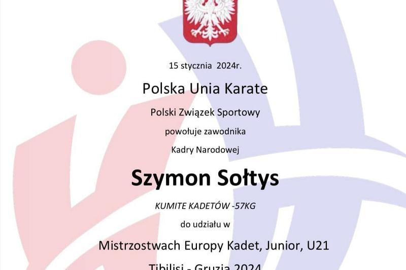 Szymon Sołtys zawodnik Klubu Karate SHOTOKAN oficjalnie powołany do reprezentacji Polski na Mistrzostwa Europy Karate WKF